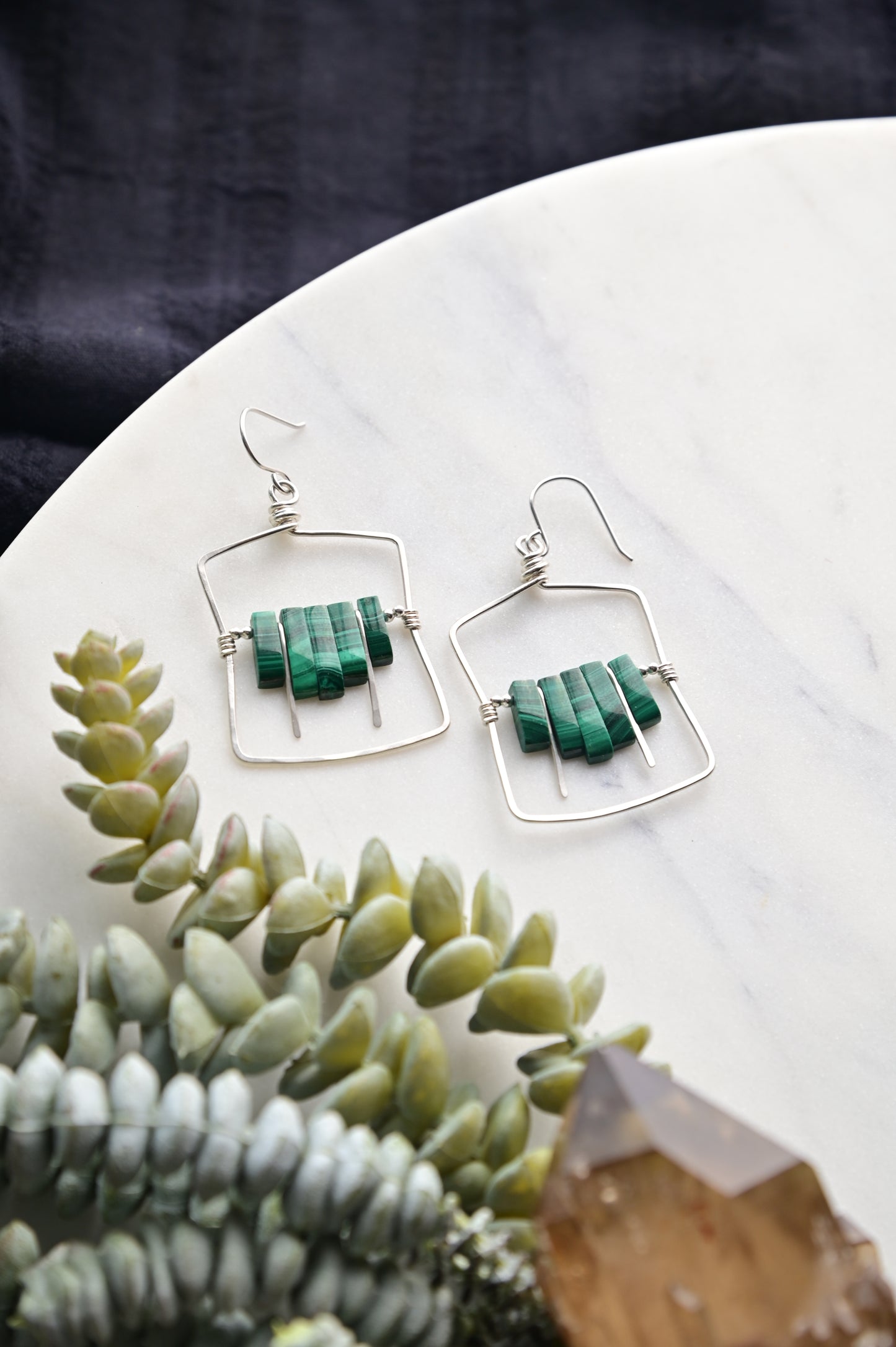 Hammered Hoops: Malachite + Silver Earrings