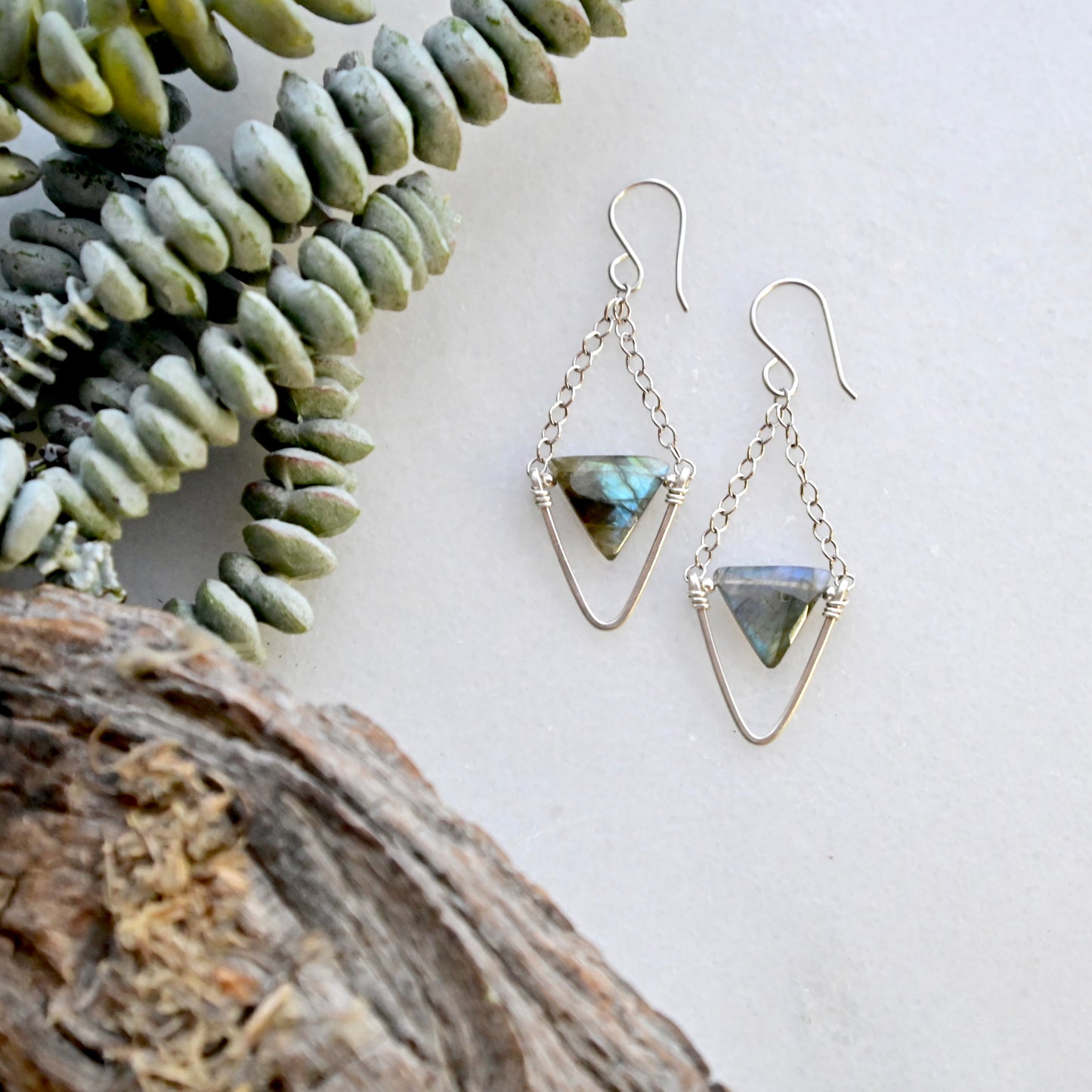 Hammered Hoops: Labradorite + Silver Earrings