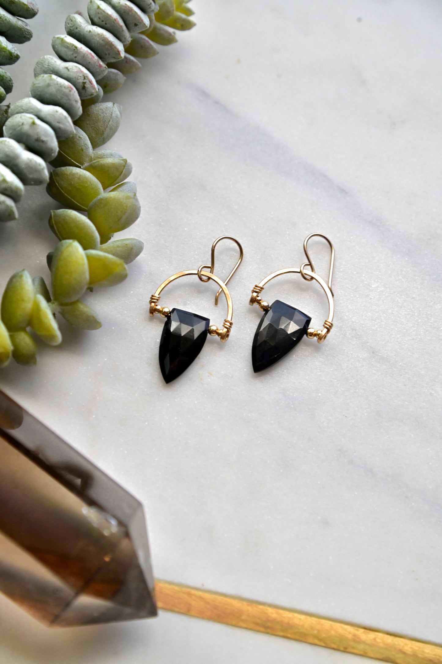 Hammered Hoops: Black Onyx + Gold Earrings