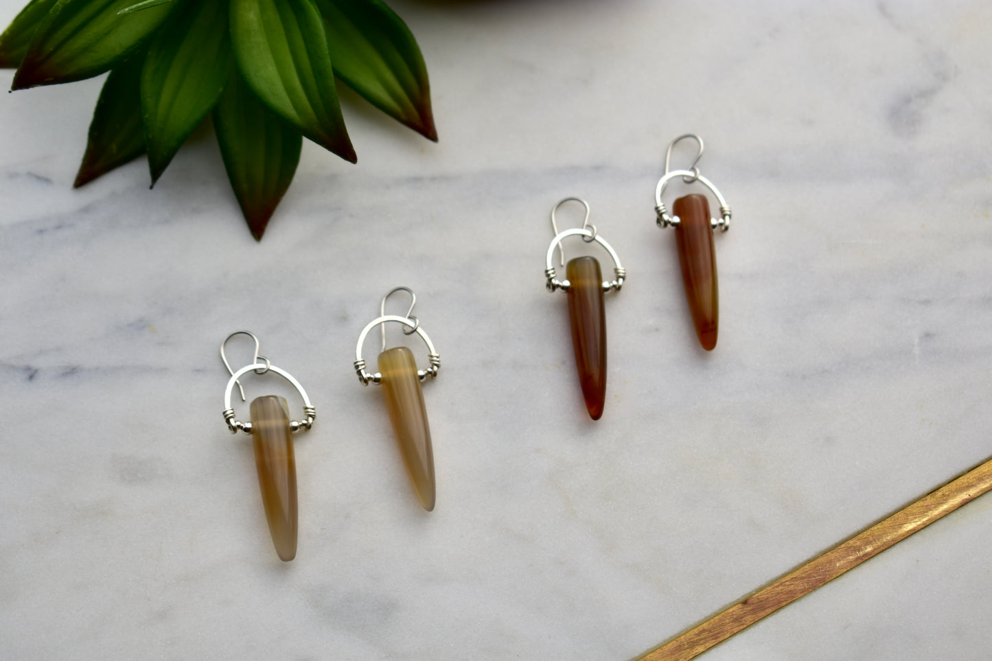 Hammered Hoops: Agate + Silver Earrings