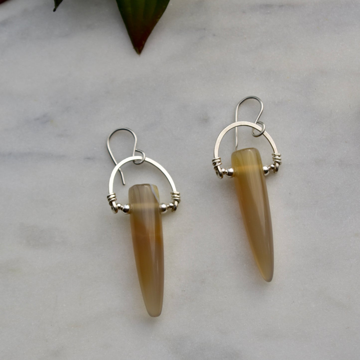 Hammered Hoops: Agate + Silver Earrings