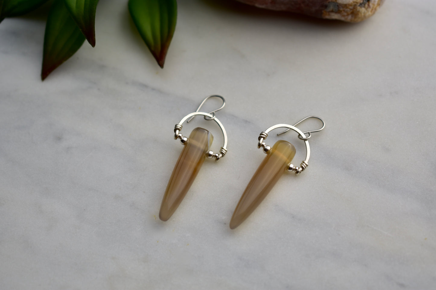Hammered Hoops: Agate + Silver Earrings