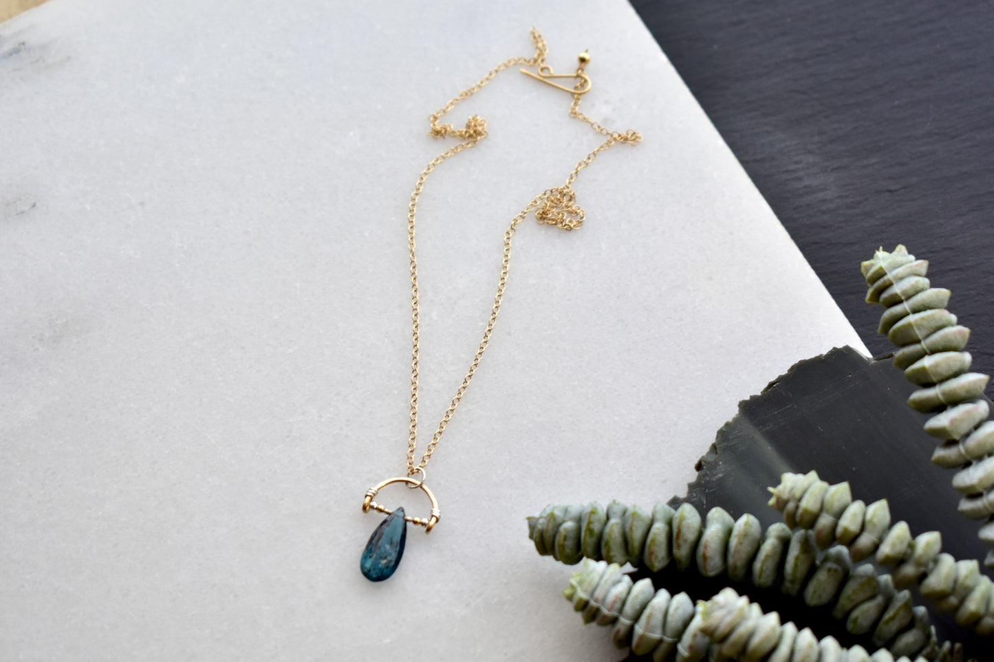 Hammered Hoops: Blue Kyanite + Mixed Metals Pendant