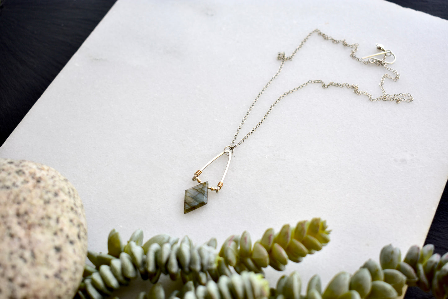 Hammered Hoops: Labradorite + Mixed Metals Pendant