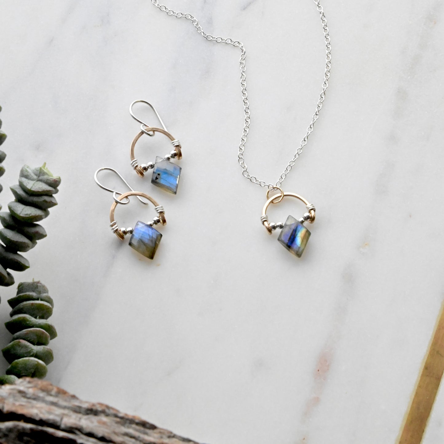 Hammered Hoops: Labradorite + Mixed Metals Necklace and Earrings