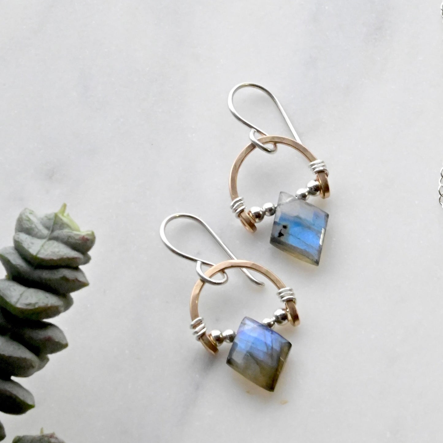 Hammered Hoops: Labradorite + Mixed Metals Earrings