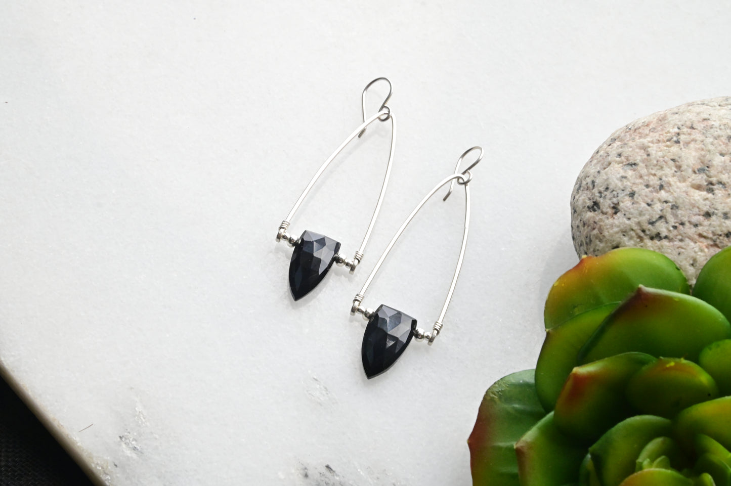 Hammered Hoops: Black Onyx + Silver Earrings
