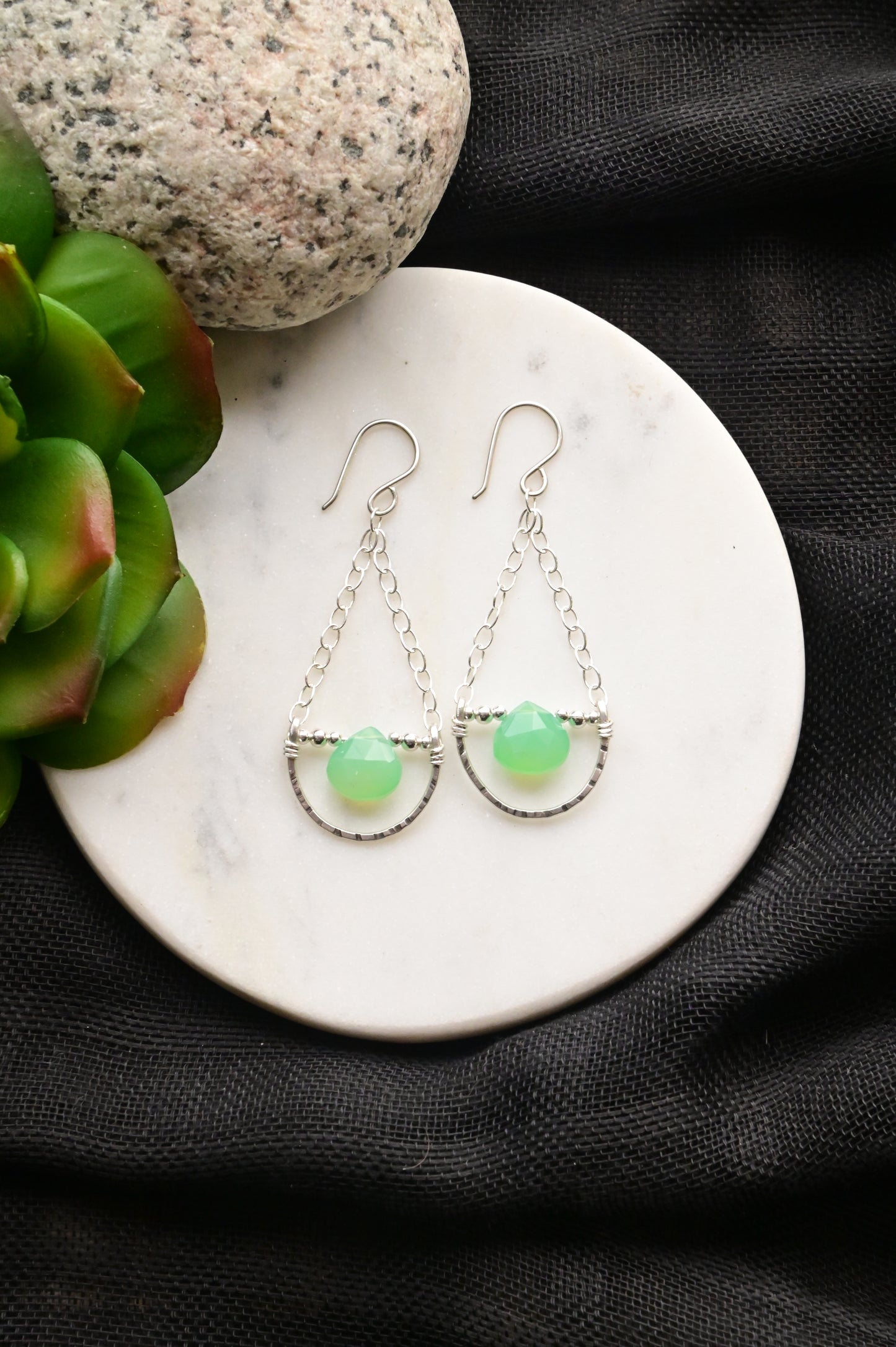 Hammered Hoops: Chrysoprase + Silver Earrings