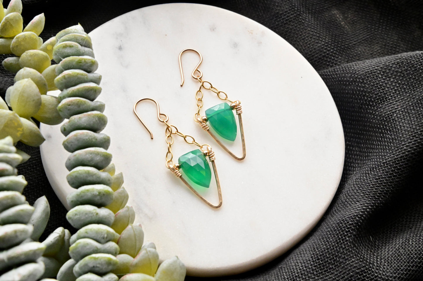 Hammered Hoops: Green Onyx + Gold Earrings
