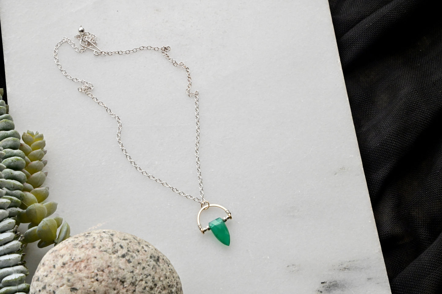 Hammered Hoops: Green Onyx + Mixed Metals Necklace