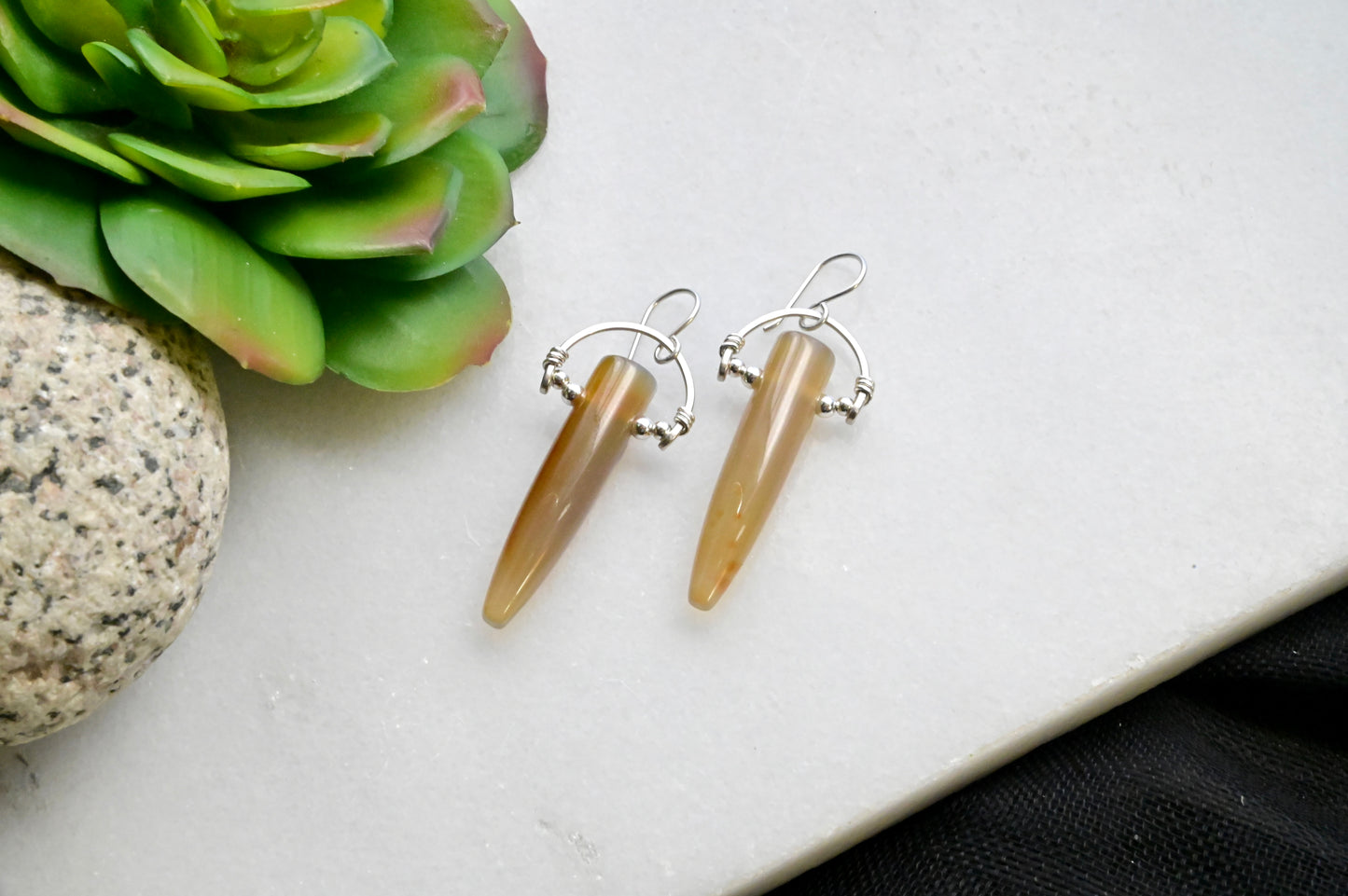 Hammered Hoops: Agate + Silver Earrings