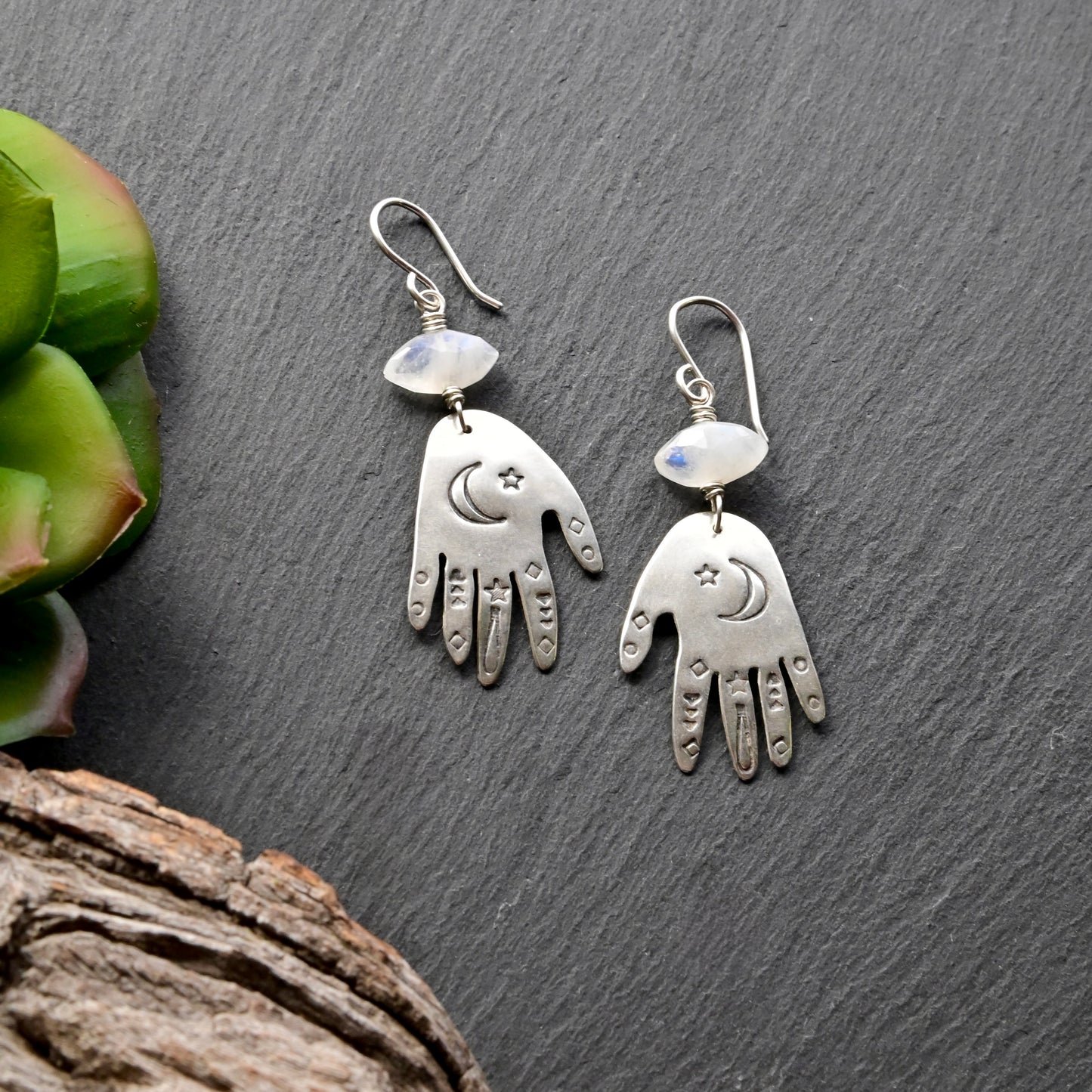 Silver Elements: Moonstone Hand Earrings