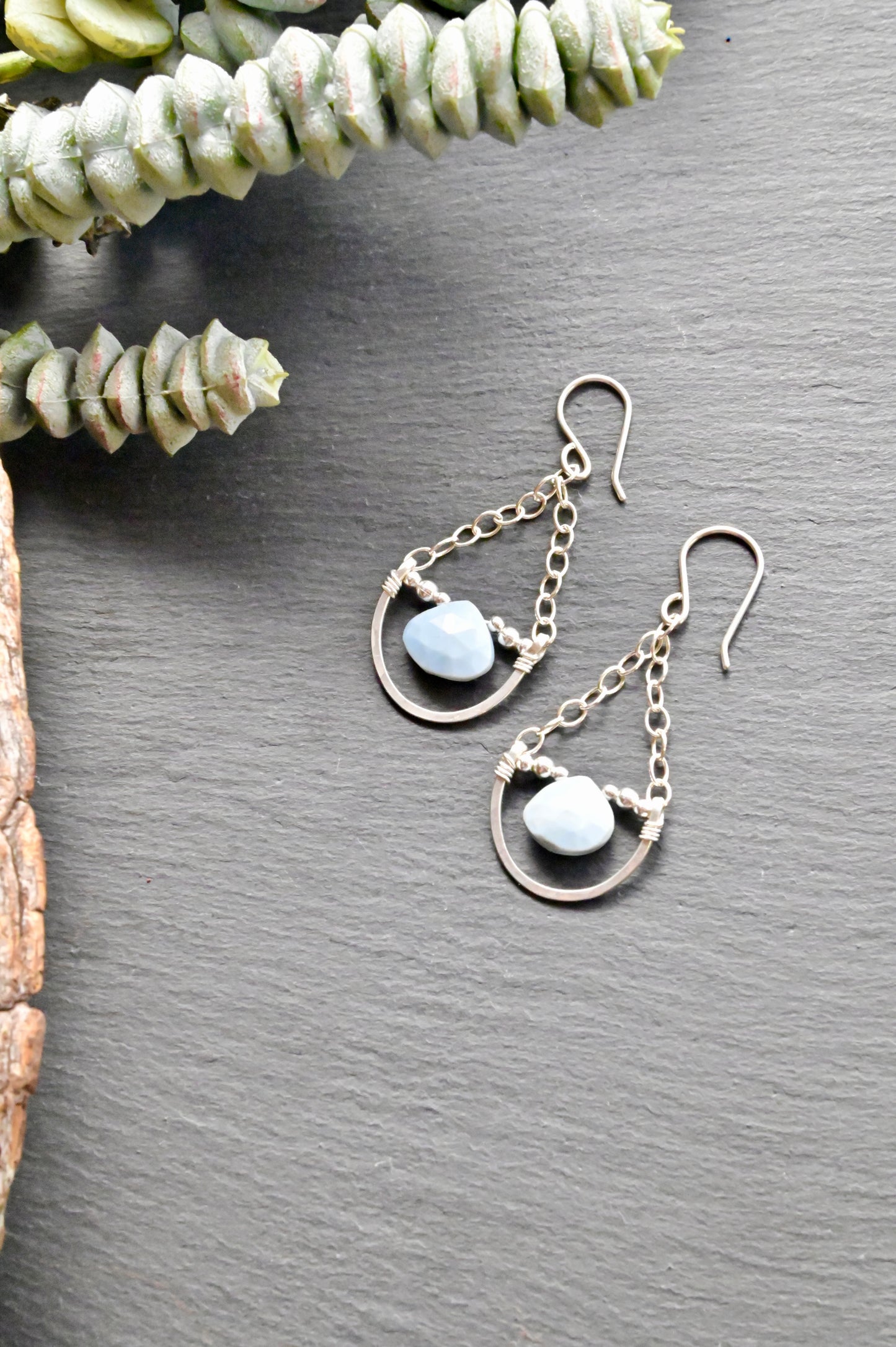 Hammered Hoops: Blue Opal + Silver Earrings