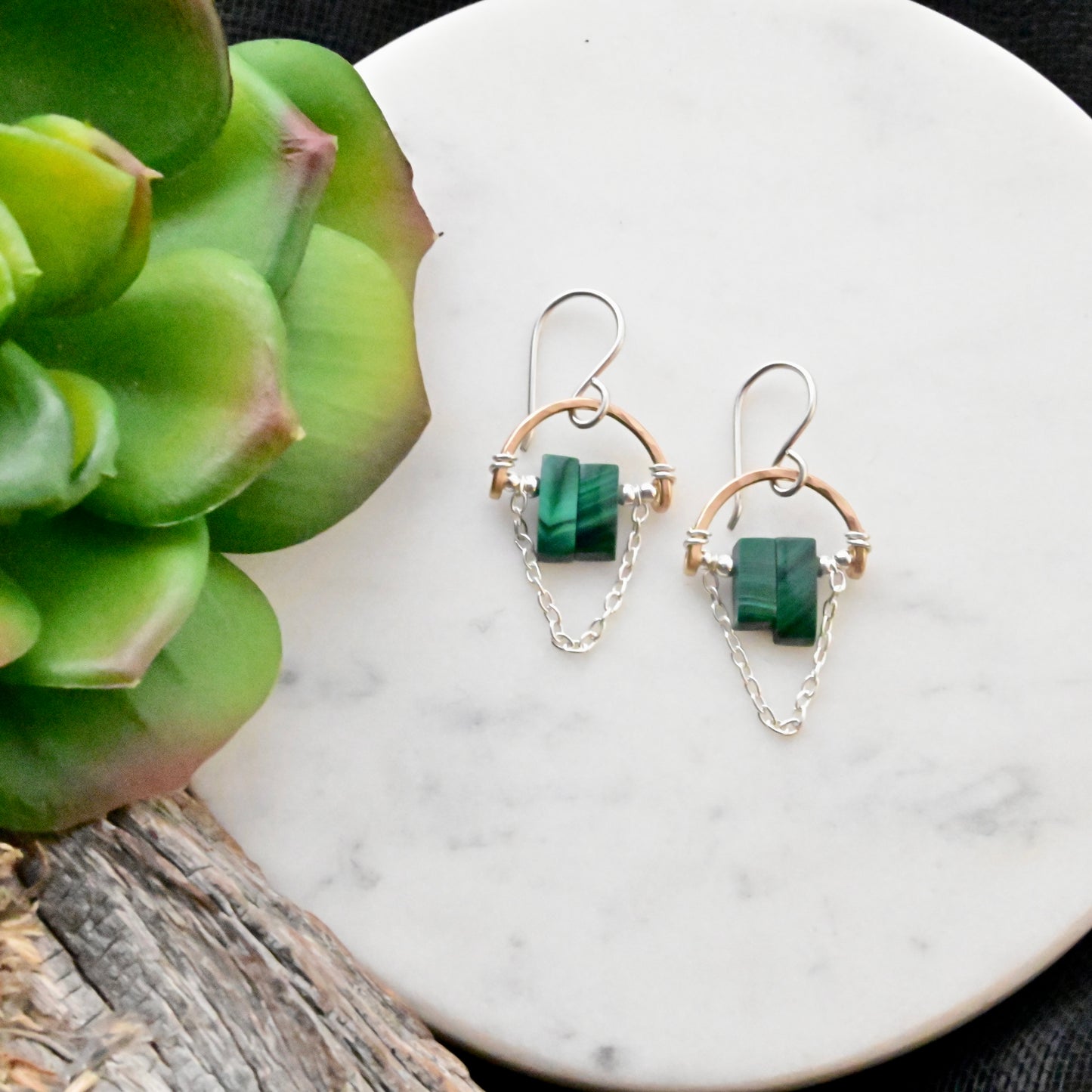 Hammered Hoops: Malachite + Mixed Metals Earrings