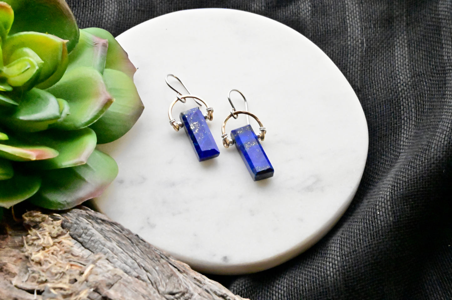 Hammered Hoops: Lapis Lazuli + Mixed Metals Earrings