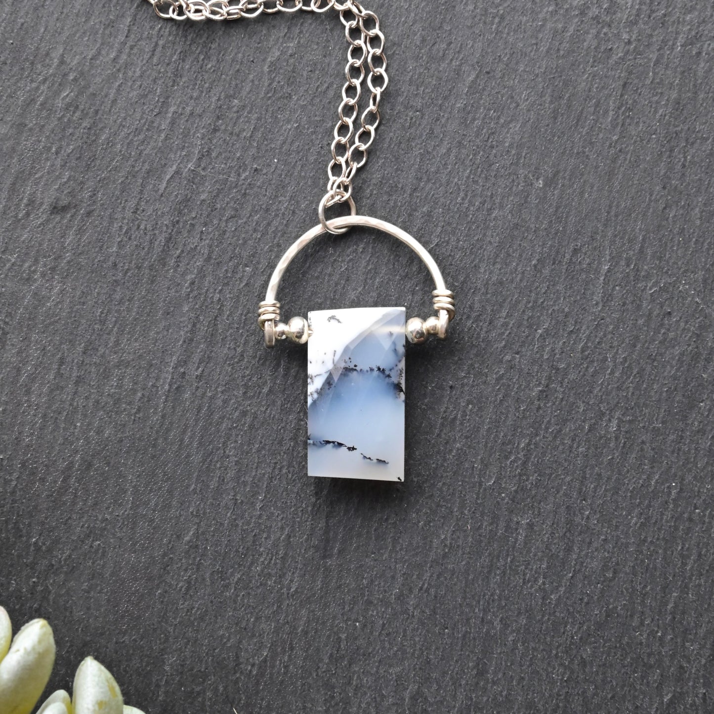 Hammered Hoops: Dendrite Opal + Silver Pendant