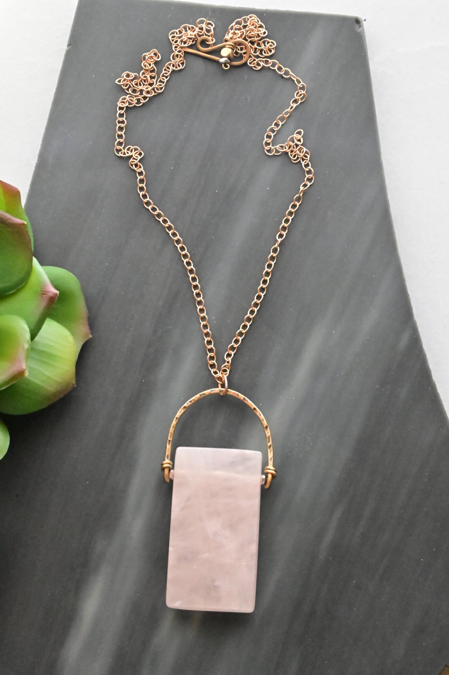 Hammered Hoops: Rose Quartz + Brass necklace