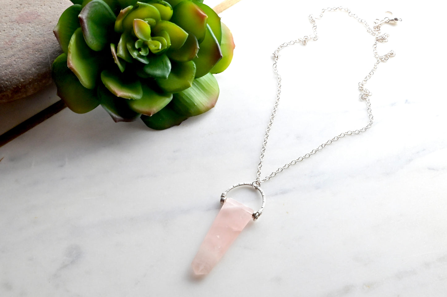Hammered Hoops: Rose Quartz + Silver Pendant