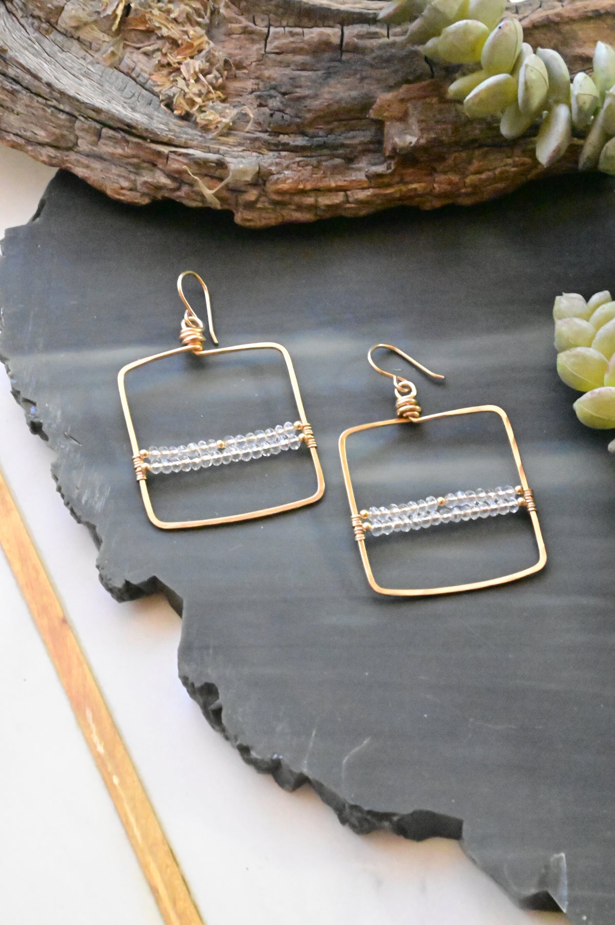 Hammered Hoops: Brazilian Quartz + Gold Earrings