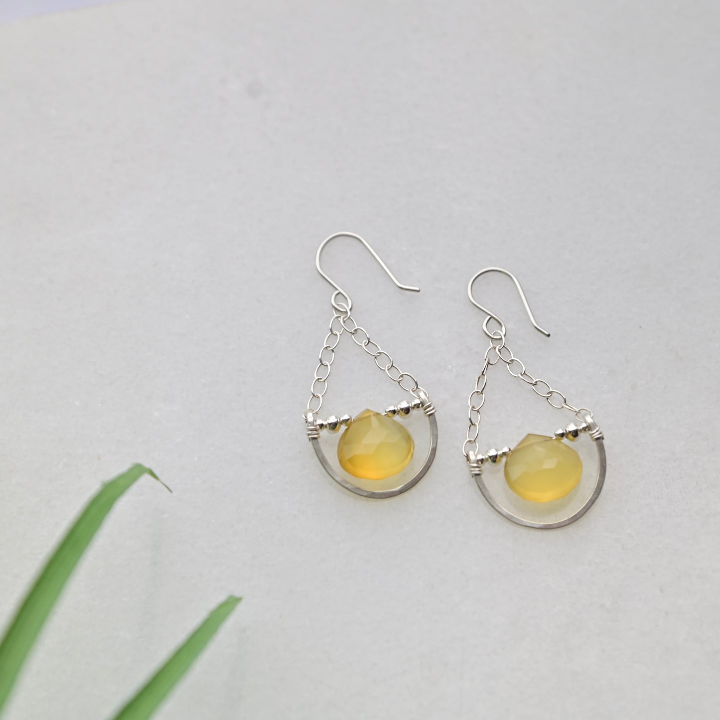 Hammered Hoops: Yellow Chalcedony + Silver Earrings