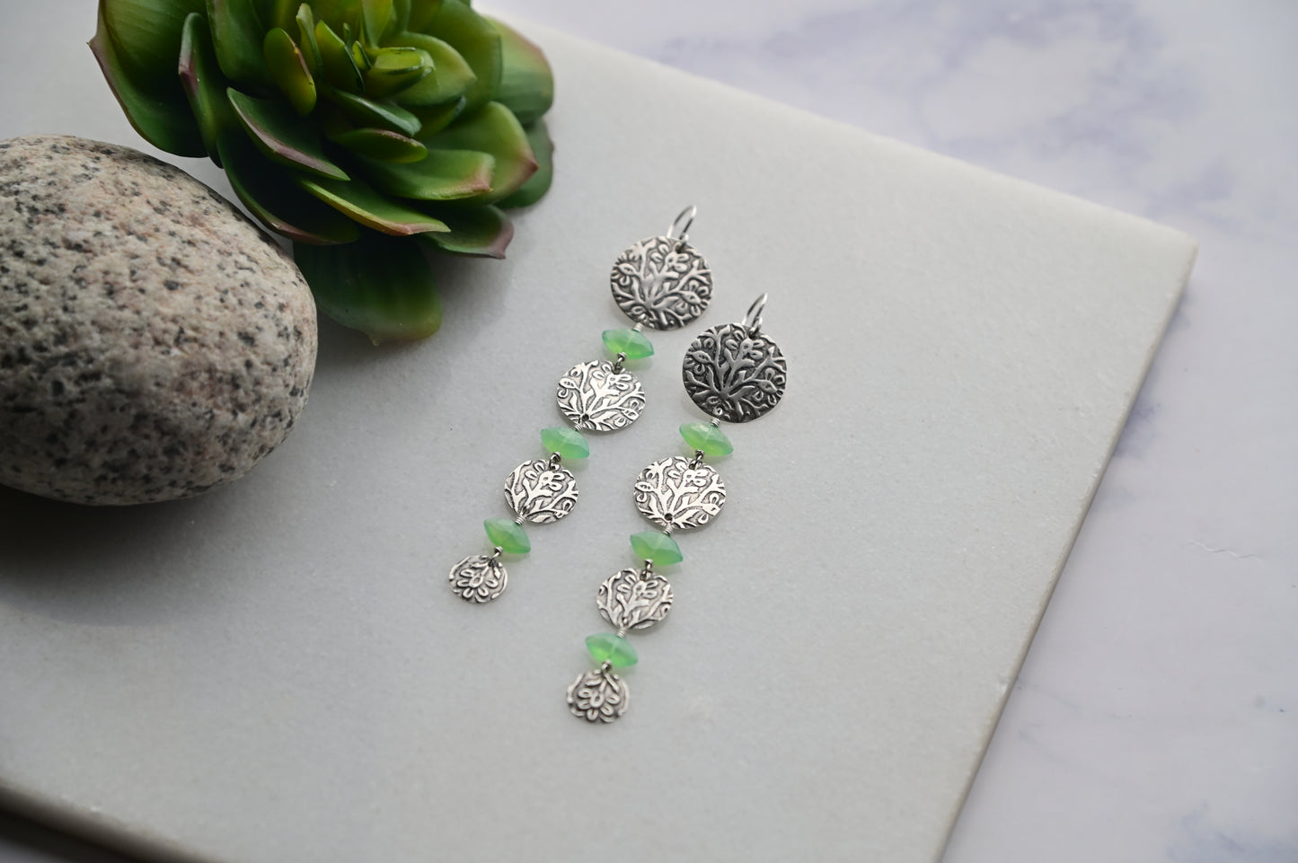 Silver Elements: Green Chalcedony Earrings