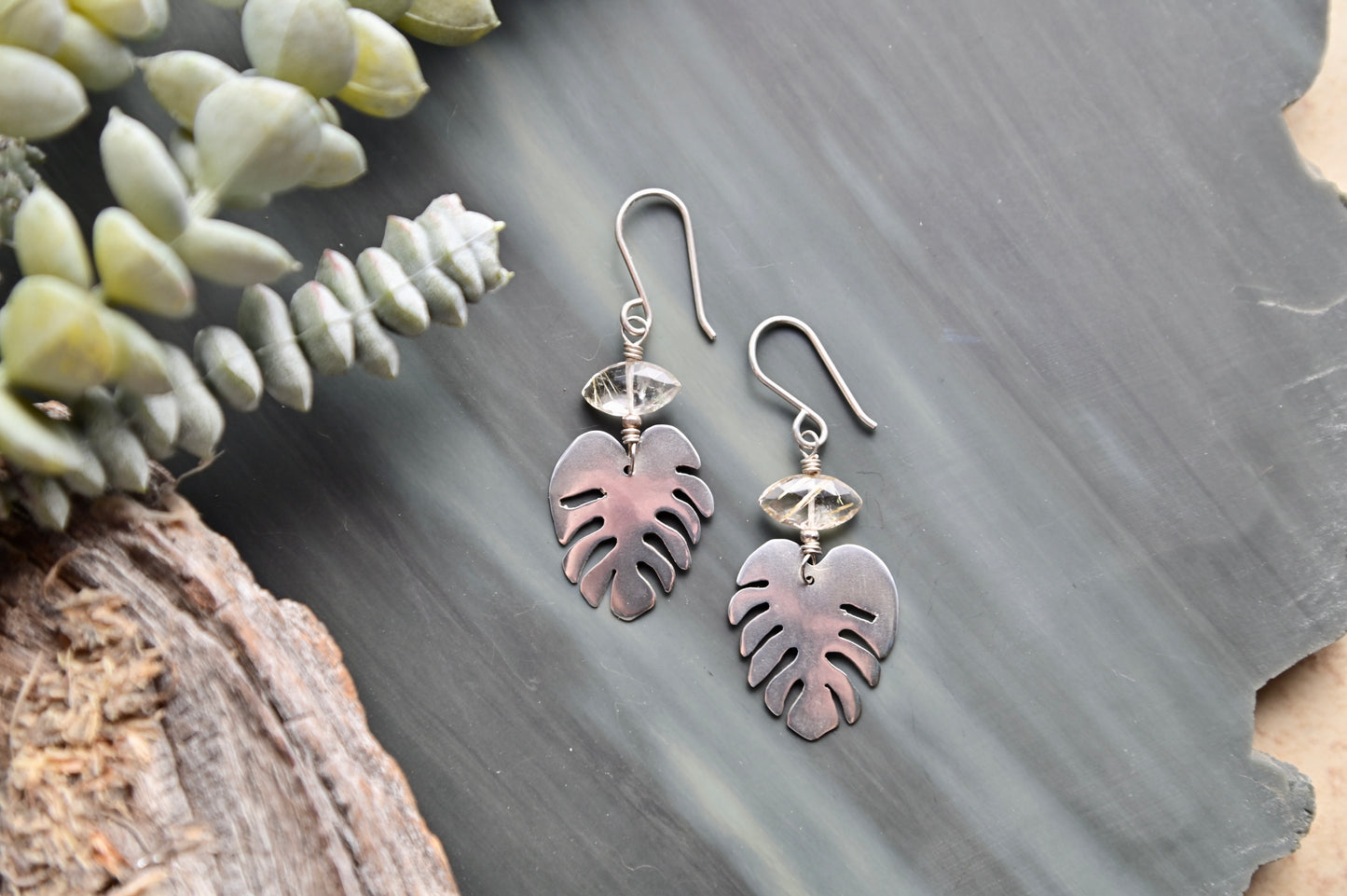 Silver Elements: Rutilated Quartz "Monstera" Earrings