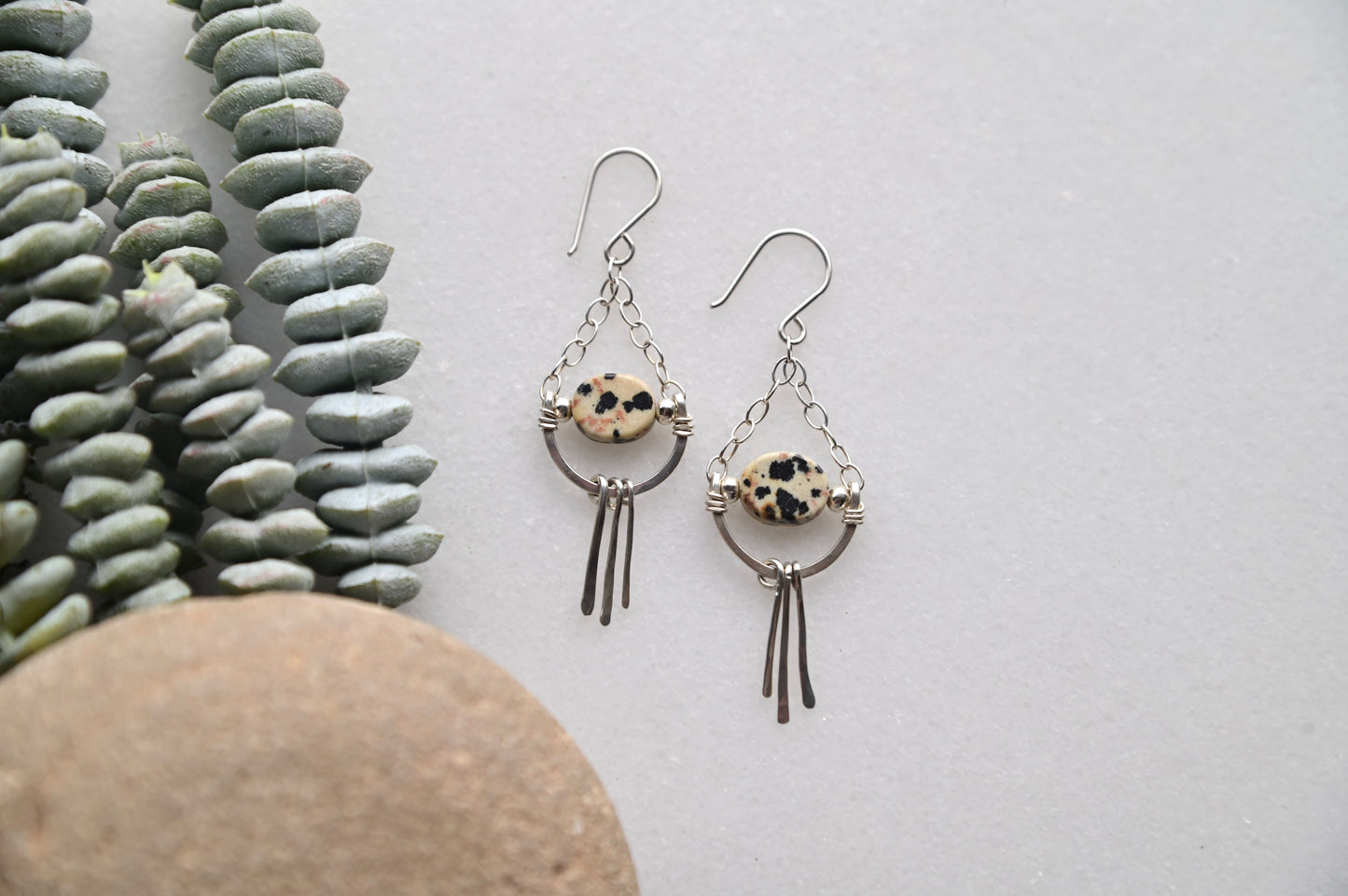Hammered Hoops: Dalmatian Jasper + Silver Earrings
