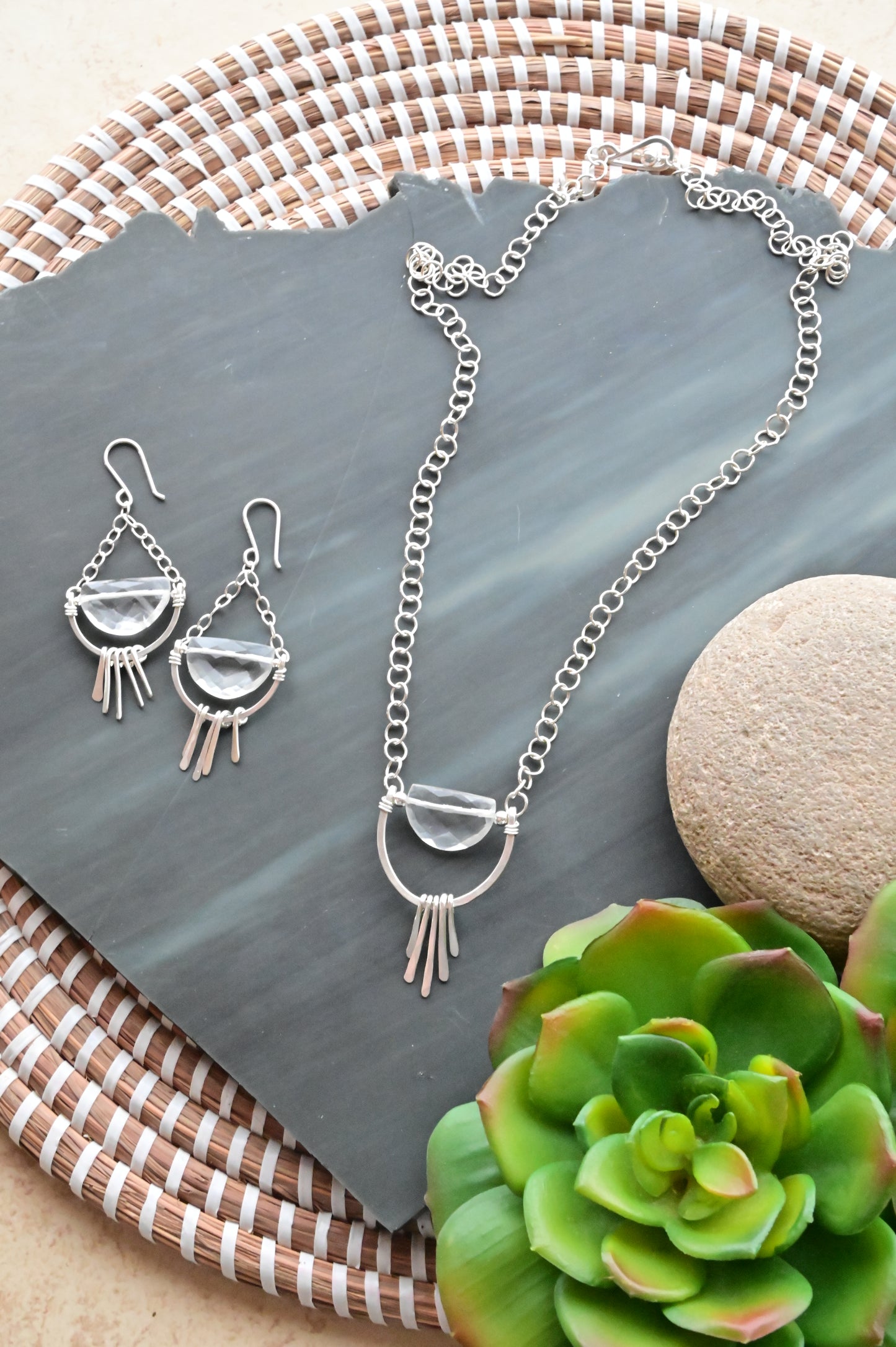 Hammered Hoops: Quartz Crystal + Silver Necklace & Earrings