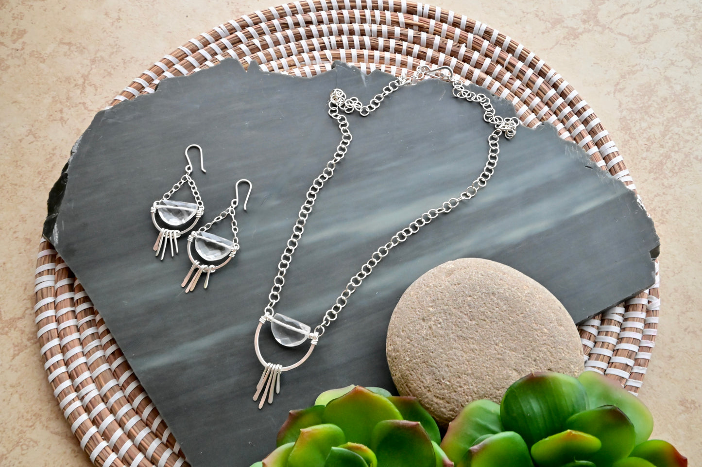 Hammered Hoops: Quartz Crystal + Silver Necklace & Earrings