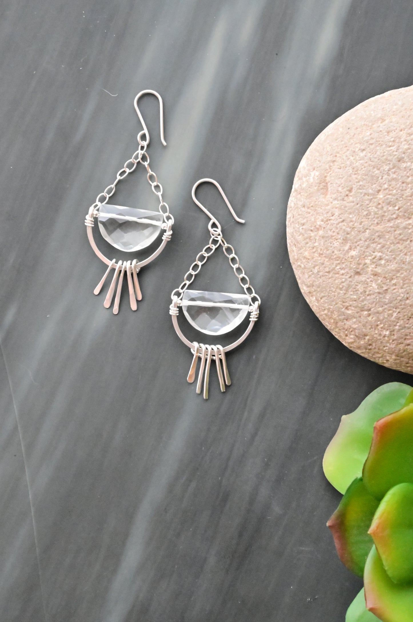 Hammered Hoops: Quartz Crystal + Silver Necklace & Earrings