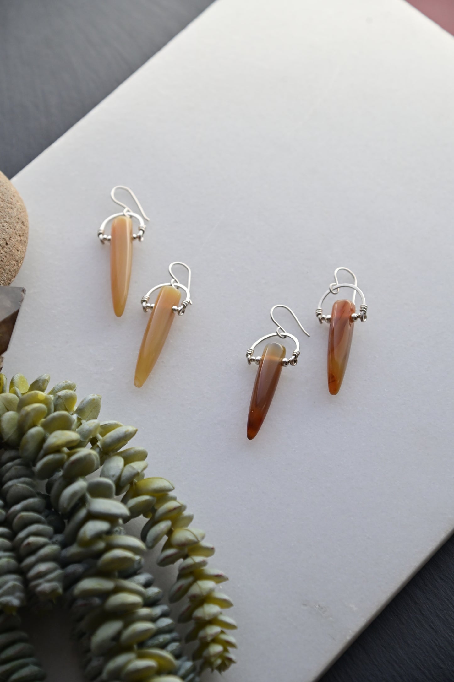 Hammered Hoops: Agate + Silver Earrings
