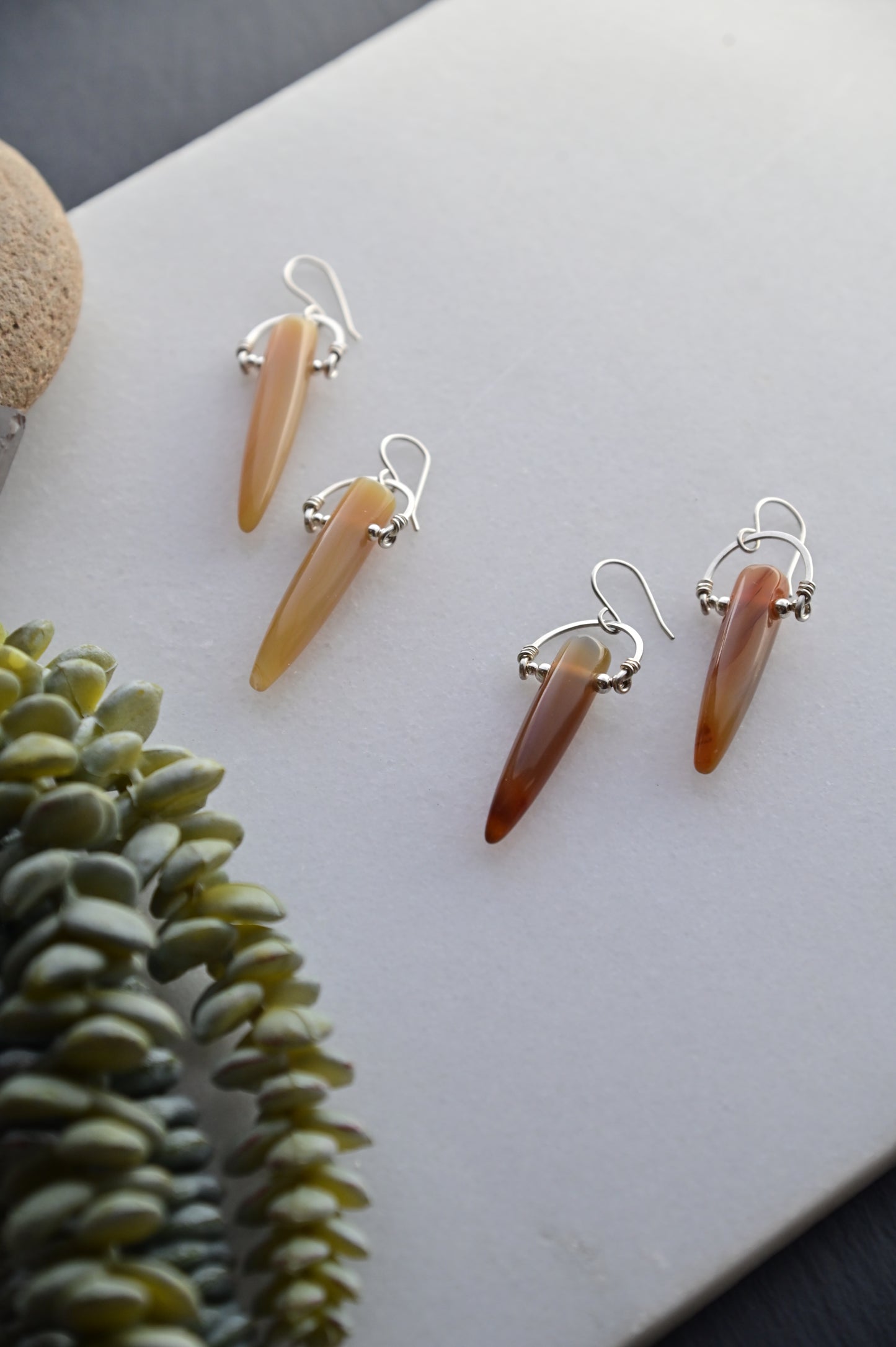 Hammered Hoops: Agate + Silver Earrings