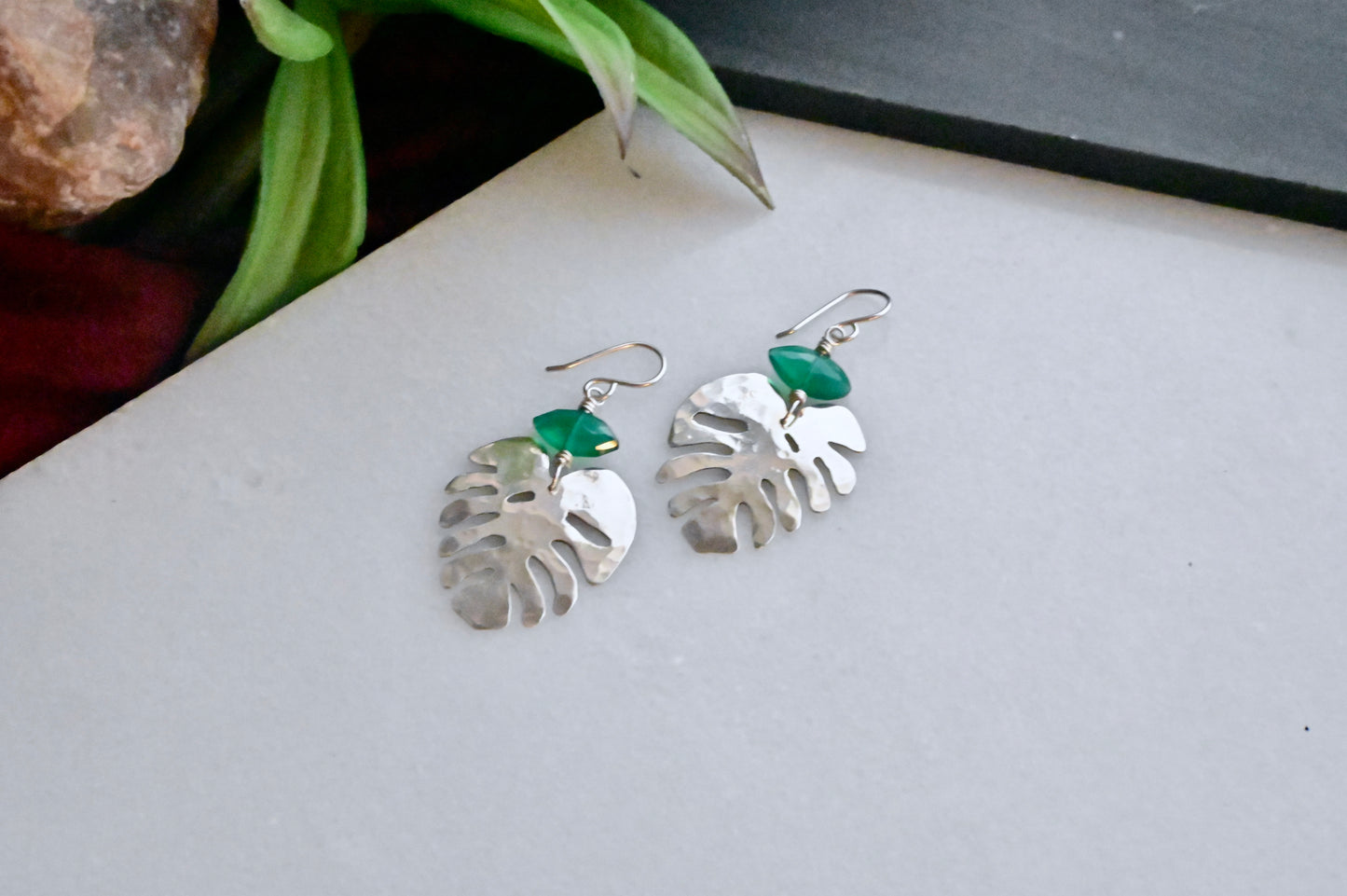 Silver Elements: Green Onyx Monstera Earrings