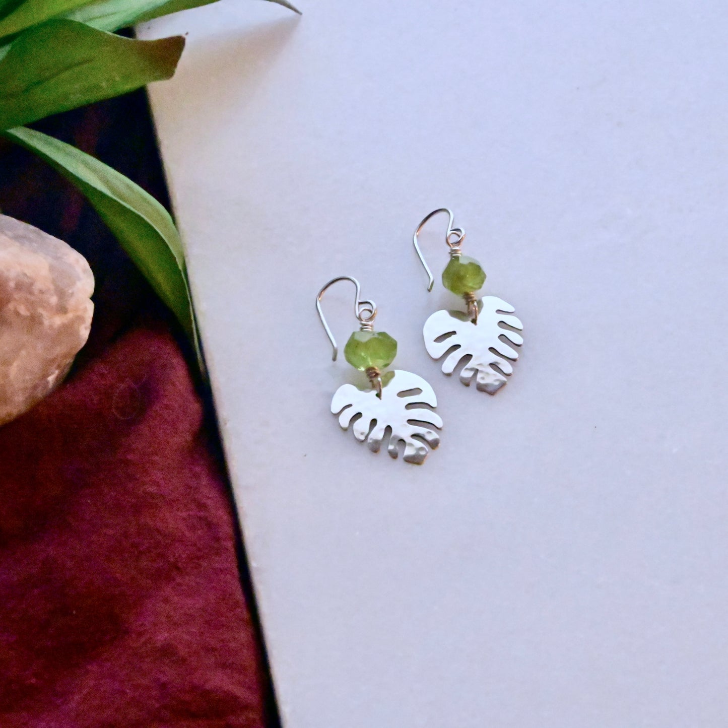 Silver Elements: Peridot Monstera Earrings