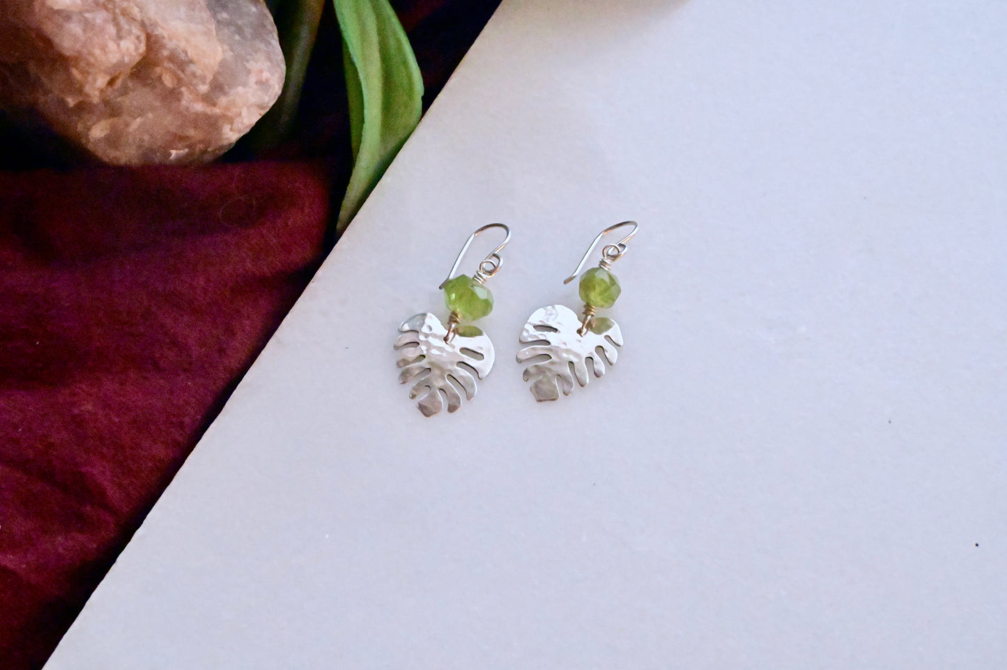 Silver Elements: Peridot Monstera Earrings