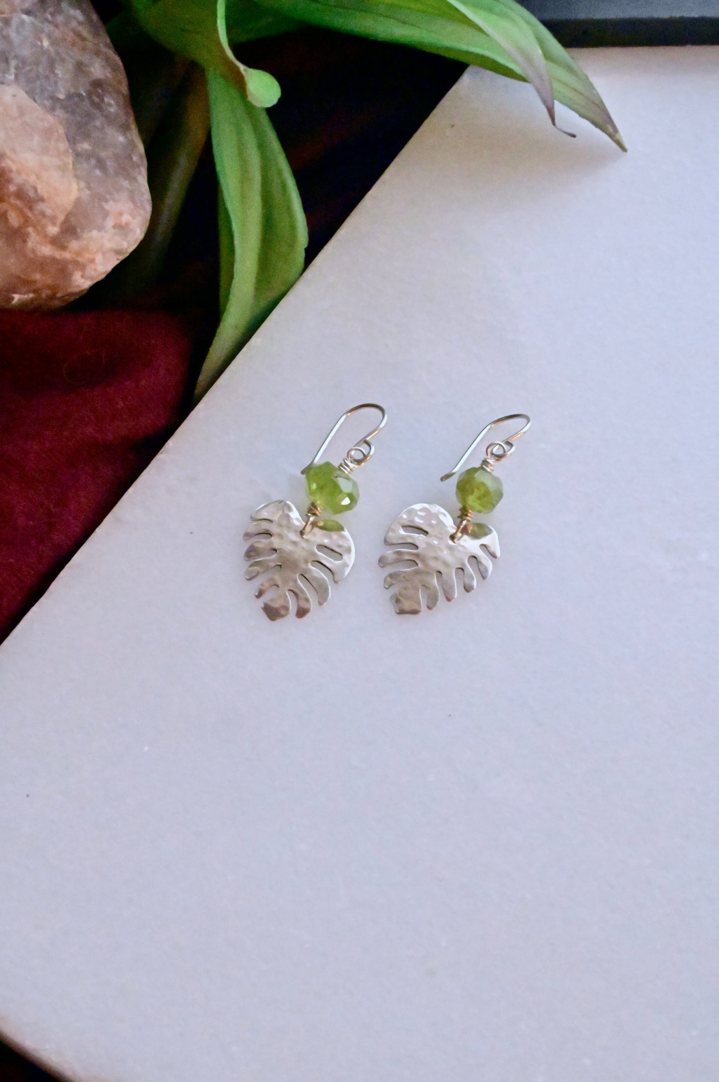 Silver Elements: Peridot Monstera Earrings