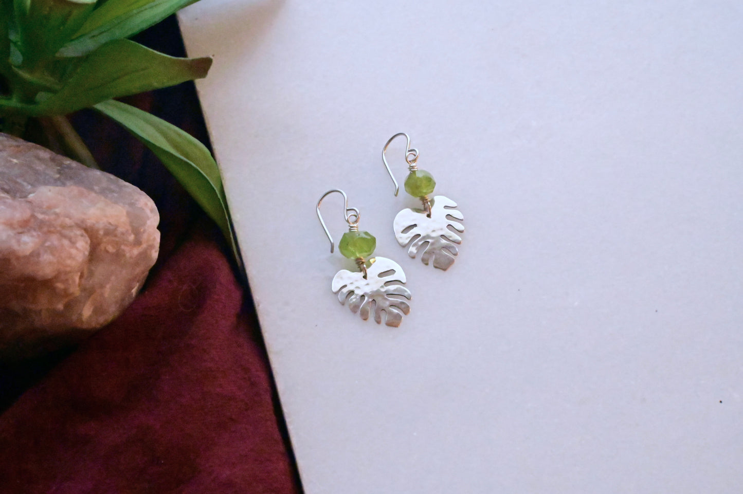 Silver Elements: Peridot Monstera Earrings