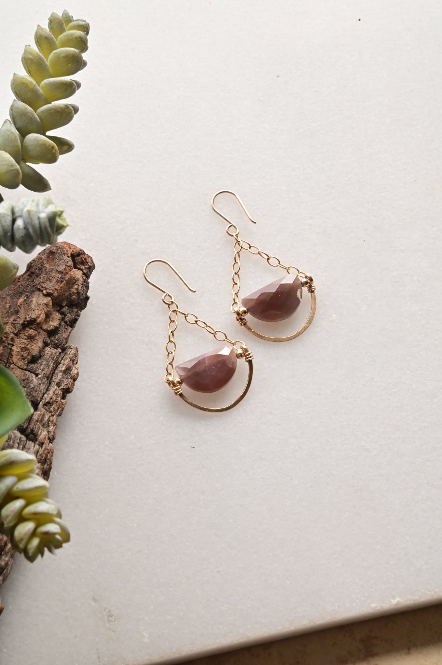 Hammered Hoop: Chocolate Moonstone + Gold