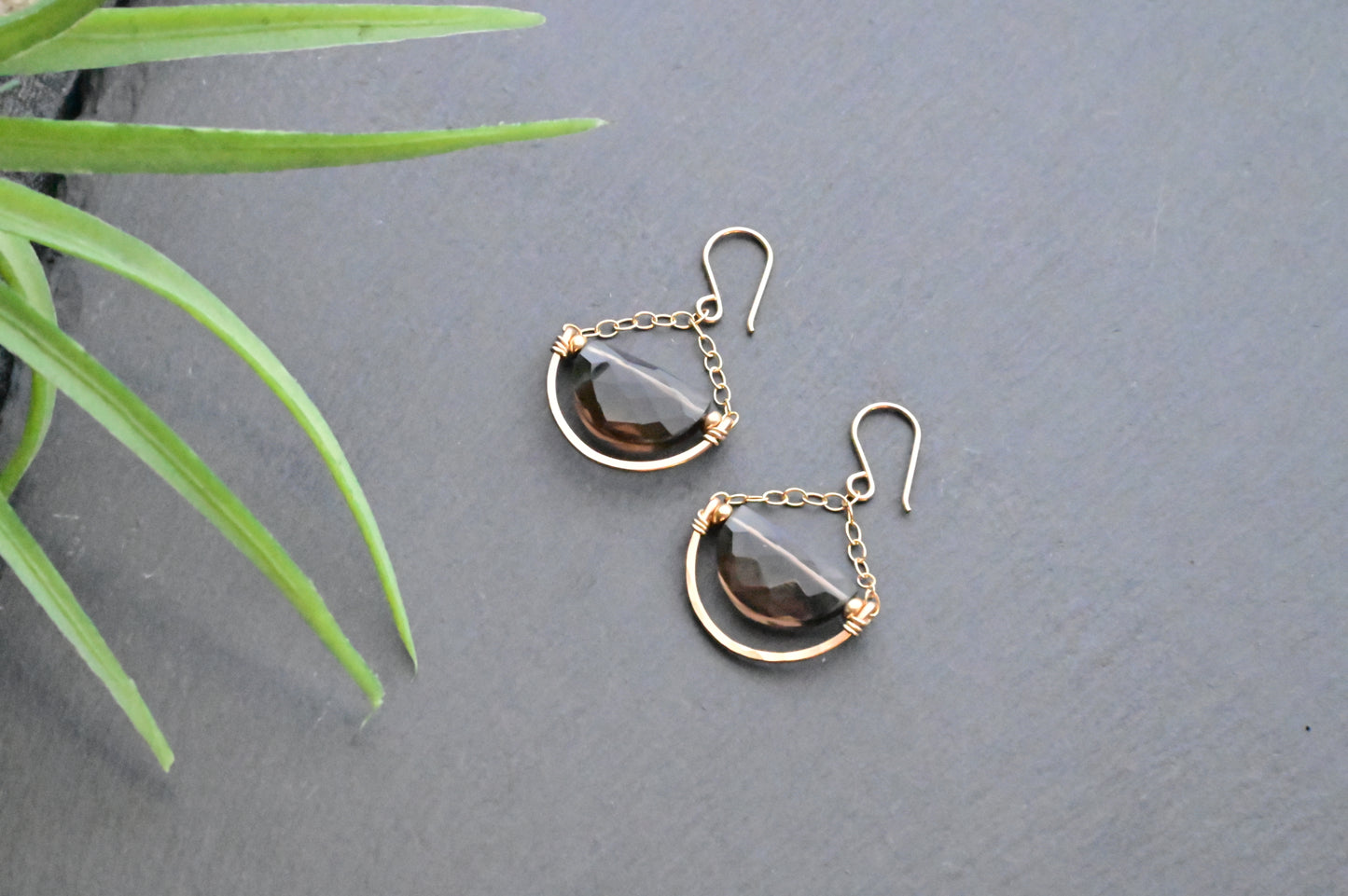Hammered Hoops: Smoky Quartz + Gold Earrings
