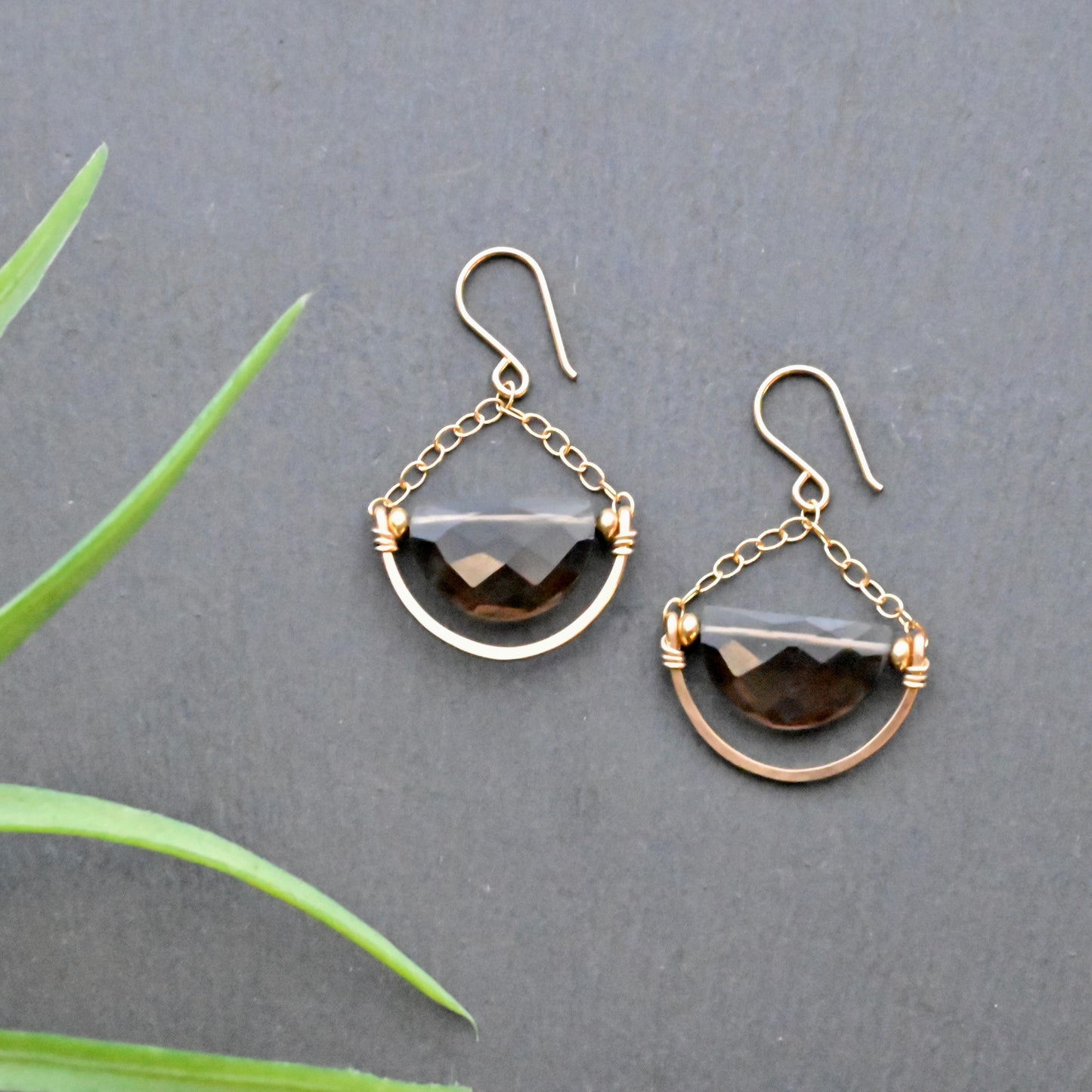 Hammered Hoops: Smoky Quartz + Gold Earrings