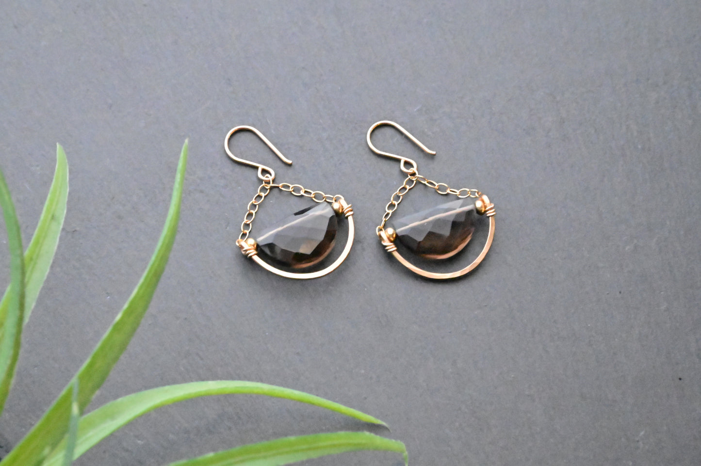 Hammered Hoops: Smoky Quartz + Gold Earrings