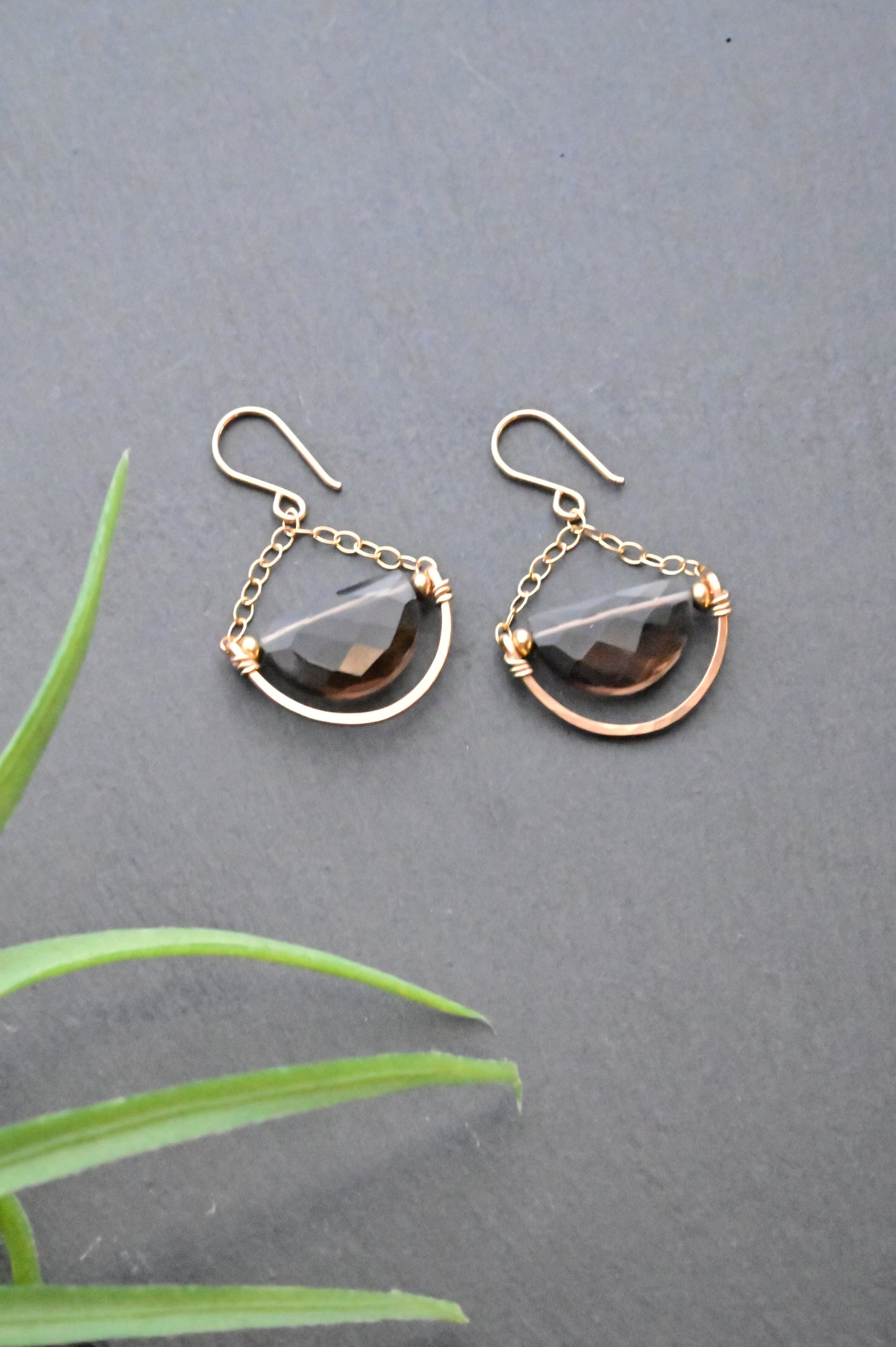 Hammered Hoops: Smoky Quartz + Gold Earrings