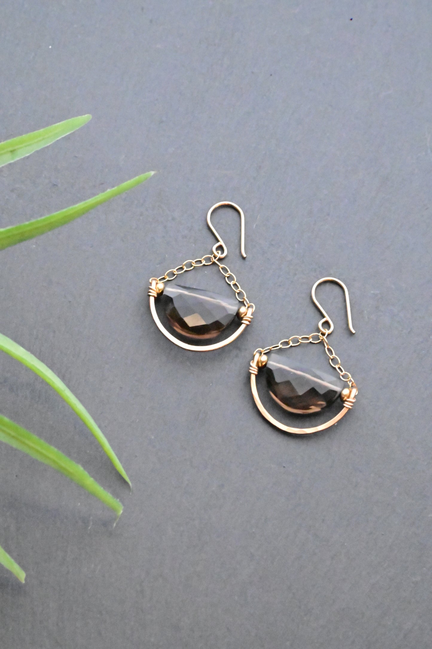 Hammered Hoops: Smoky Quartz + Gold Earrings