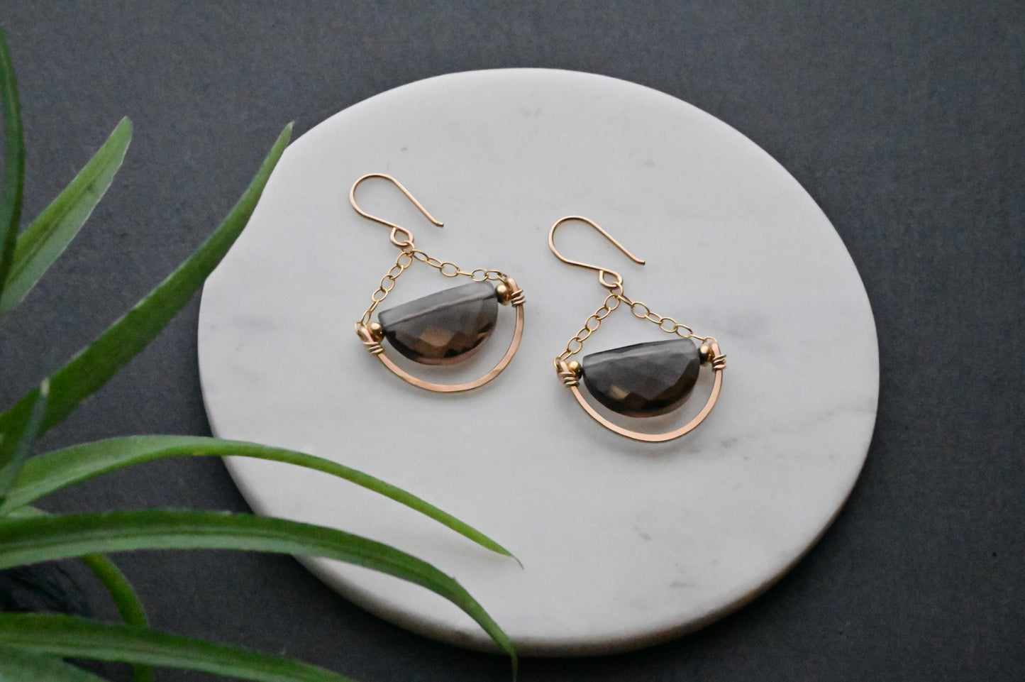 Hammered Hoops: Smoky Quartz + Gold Earrings