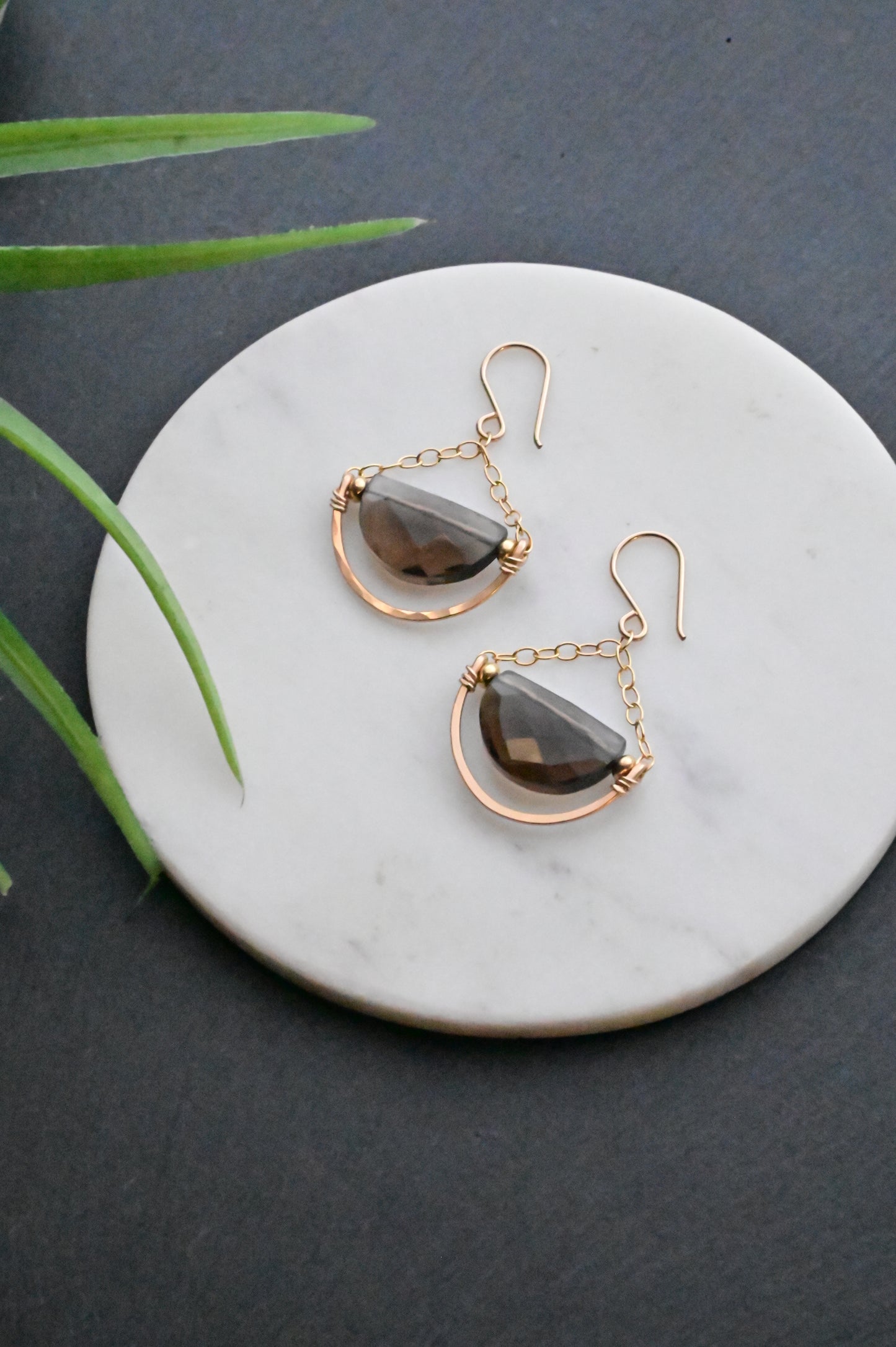 Hammered Hoops: Smoky Quartz + Gold Earrings