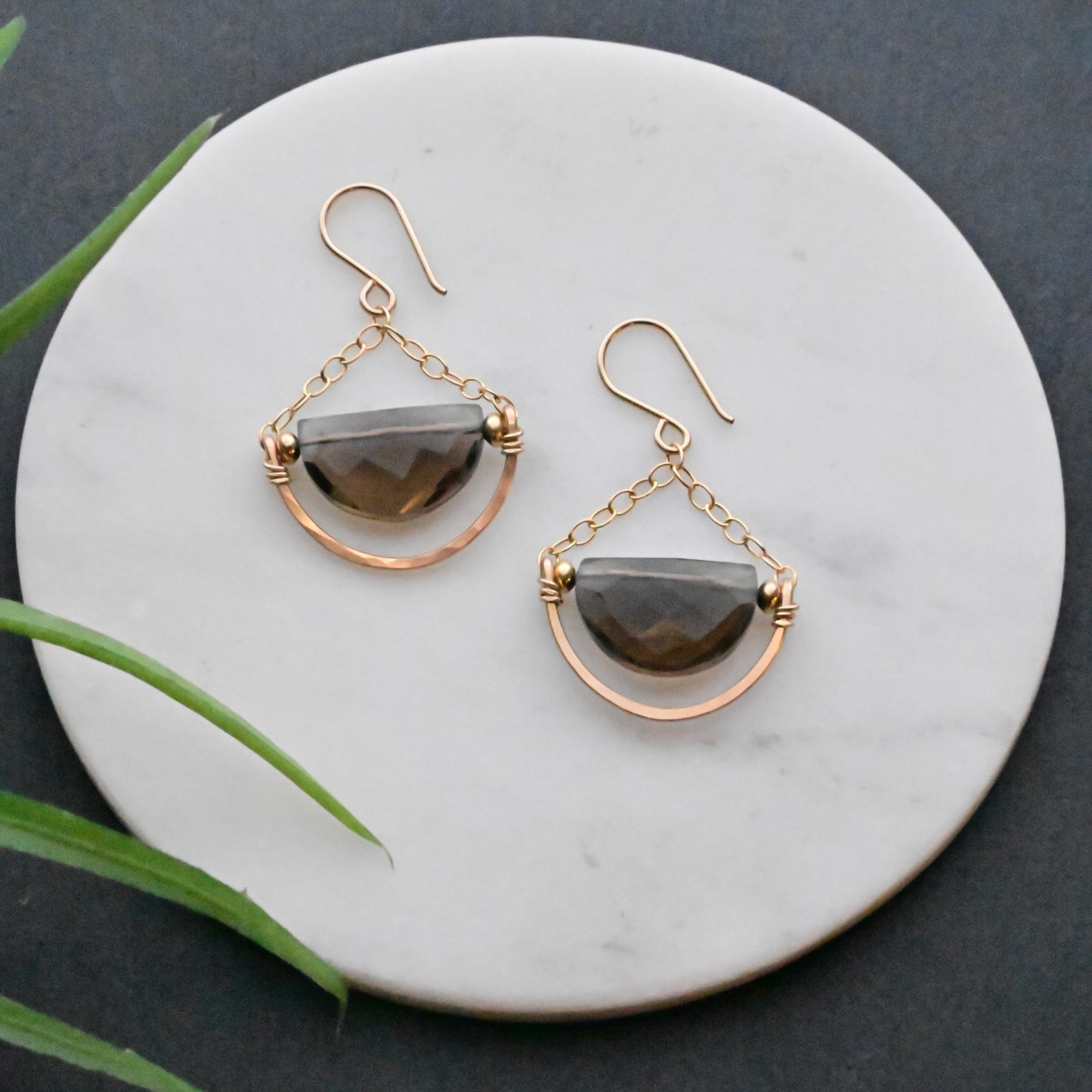 Hammered Hoops: Smoky Quartz + Gold Earrings