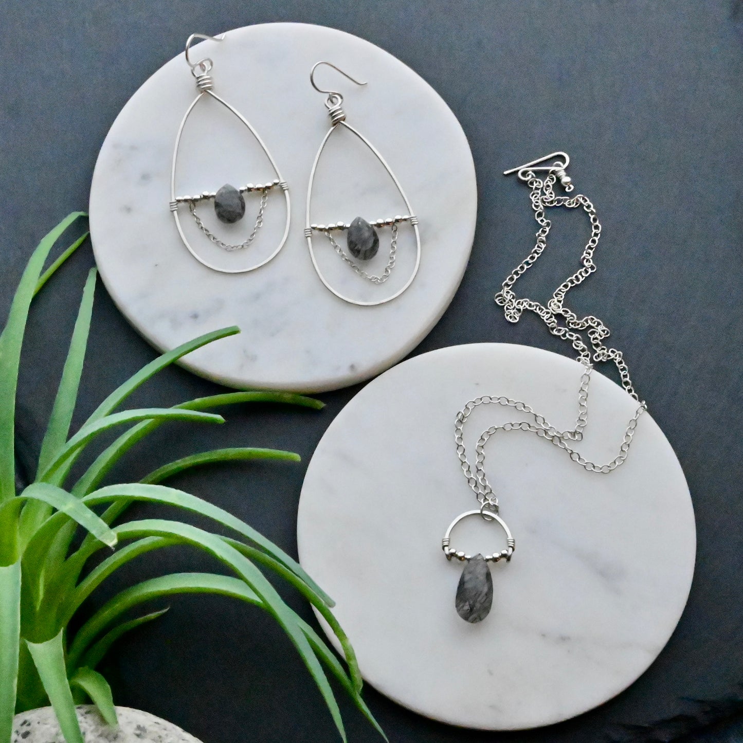 Hammered Hoops: Tourmaline Quartz + Silver Necklace + Earrings