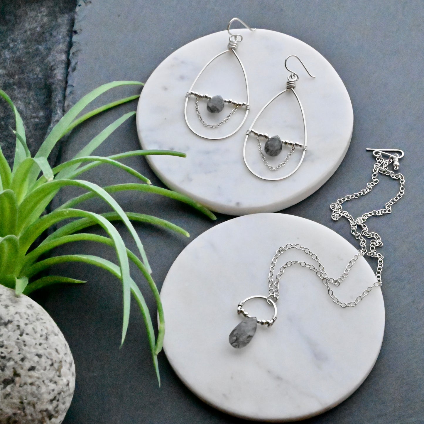 Hammered Hoops: Tourmaline Quartz + Silver Necklace + Earrings