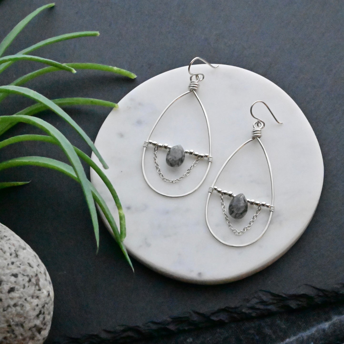 Hammered Hoops: Tourmaline Quartz + Silver Necklace + Earrings