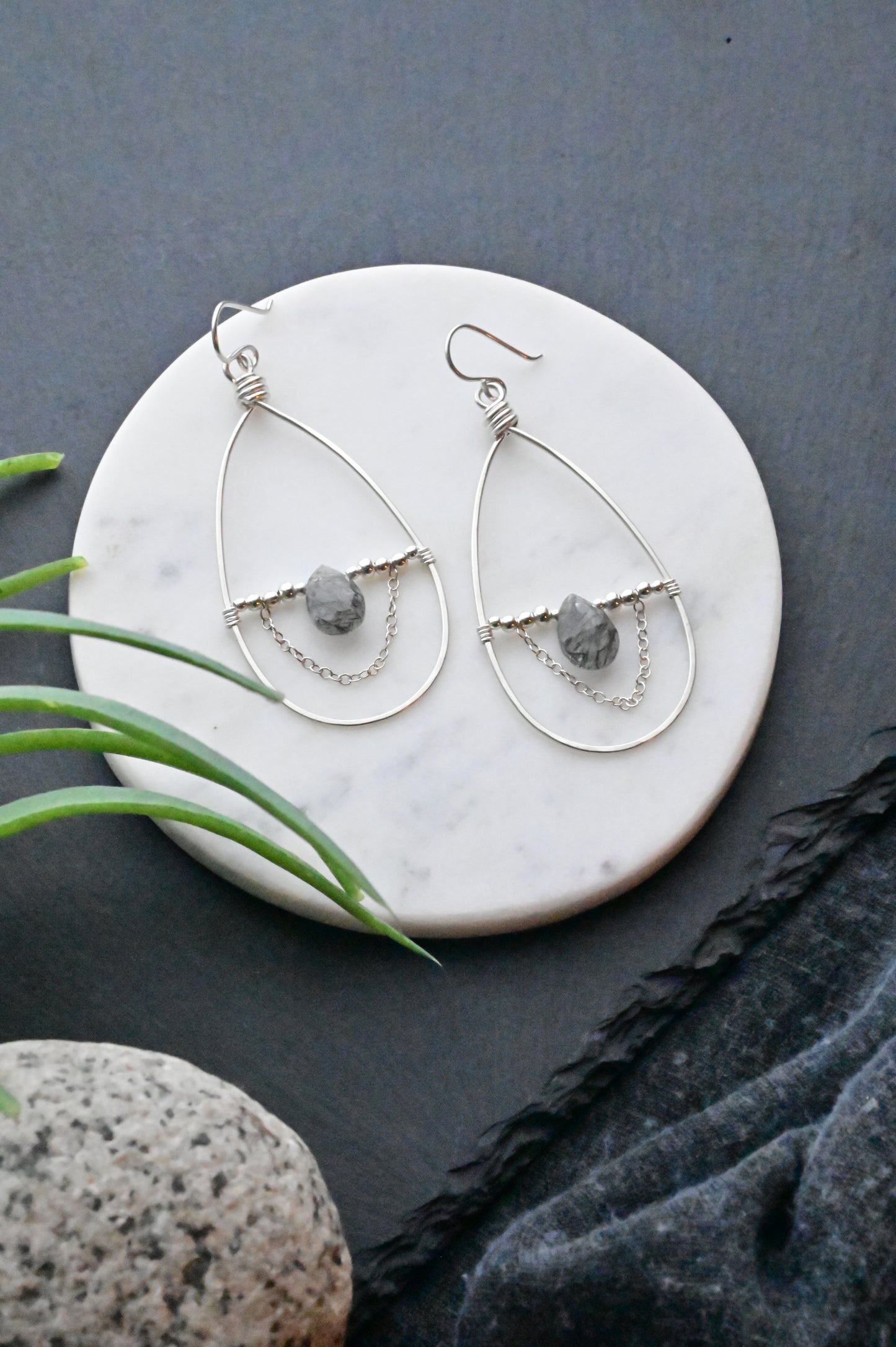 Hammered Hoops: Tourmaline Quartz + Silver Necklace + Earrings